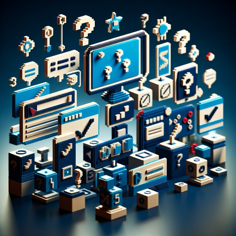 3D voxel art depicting the concept of 360-degree online surveys on a dark blue background.