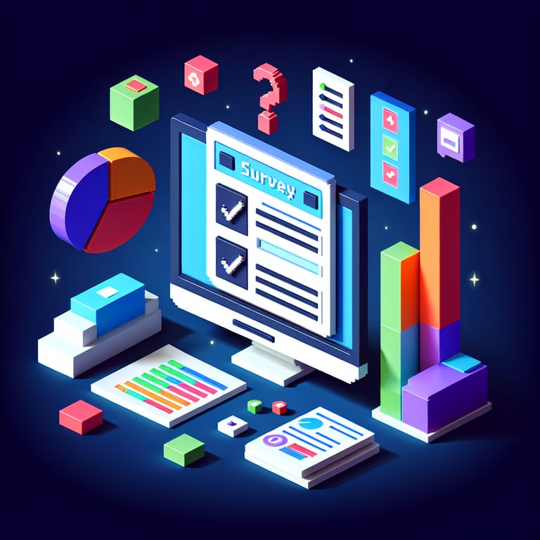 3D voxel art depicting online surveys, symbolizing consumer insight surveys, on a dark blue background.