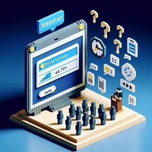 3D voxel art depicting the concept of post-webinar survey questions on a dark blue background.