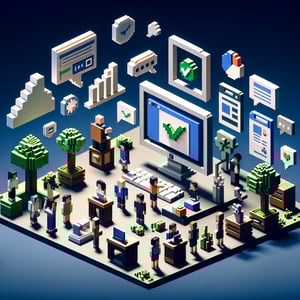 3D voxel art depicting online livelihood survey questions on a dark blue background.