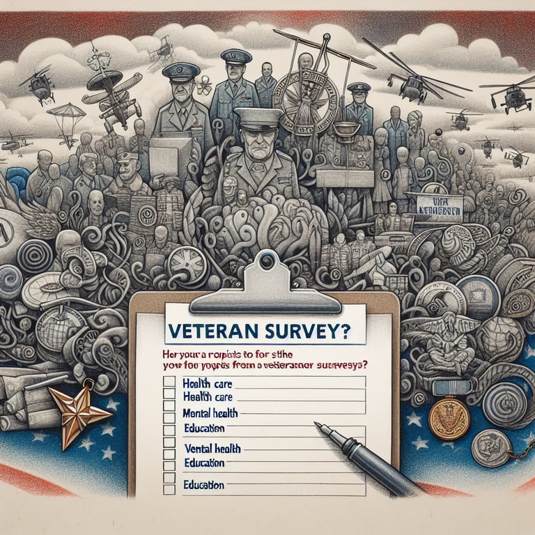 Illustration depicting current topics of interest in Veteran survey questions.