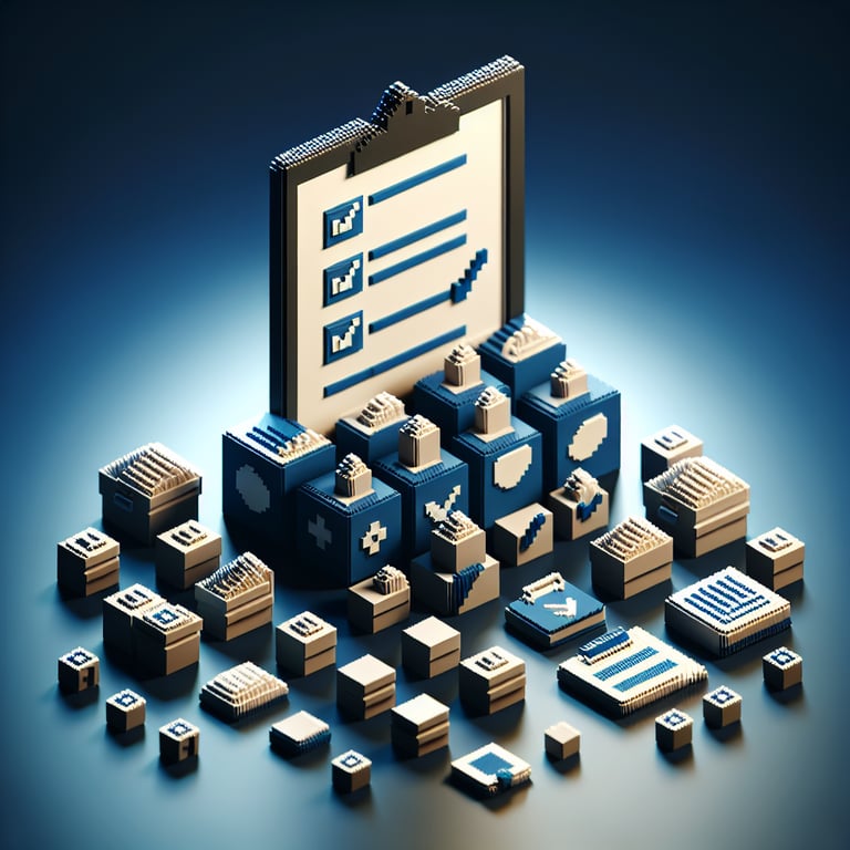 3D voxel art depicting online surveys, illustrating the concept of EMR surveys on a dark blue background.