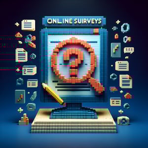 3D voxel art illustrating online higher education surveys on a dark blue background.
