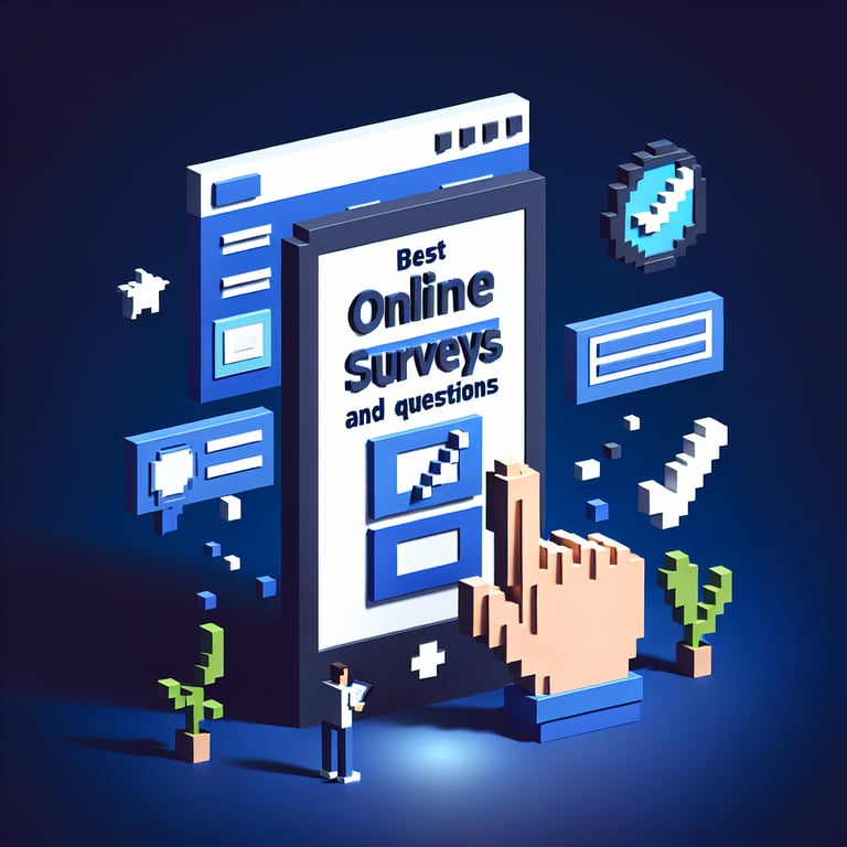 3D voxel art depicting online surveys with a dark blue background, symbolizing top website survey questions.