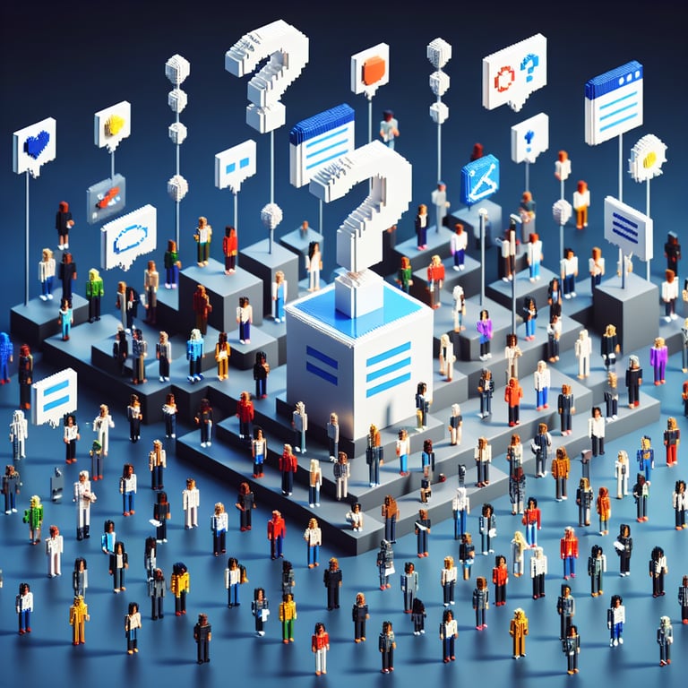 3D voxel art depicting online personal development surveys on a dark blue background.