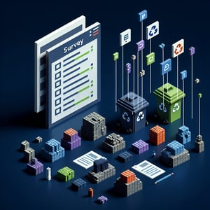 3D voxel art depicting an online waste disposal survey on a dark blue background.