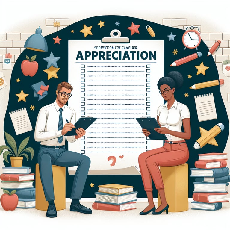 Illustration showcasing relevant topics for Teacher Appreciation survey questions.