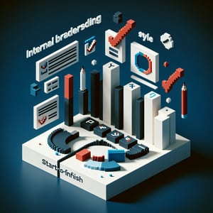 3D voxel art depicting the concept of online internal branding surveys on a dark blue background.