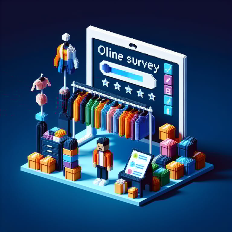 3D voxel art depicting online surveys related to clothing brands on a dark blue background.