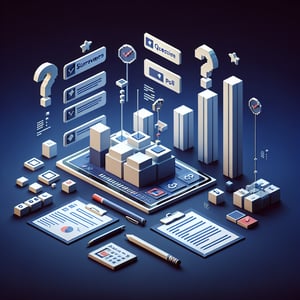 3D voxel art depicting online survey process, emphasizing on race-related questions, on a dark blue background.