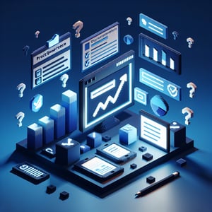 3D voxel art depicting the concept of online product awareness surveys on a dark blue background.