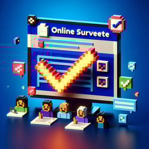 3D voxel art depicting online satisfaction survey process on a dark blue background.