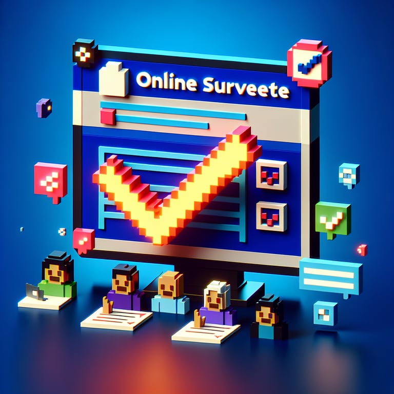 3D voxel art depicting online satisfaction survey process on a dark blue background.