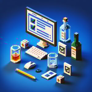 3D voxel art depicting an online survey concept, themed around alcohol consumption, on a dark blue background.