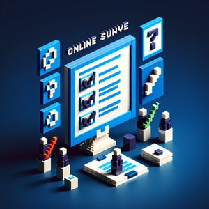 3D voxel art illustrating the concept of online effectiveness survey questions on a dark blue background.