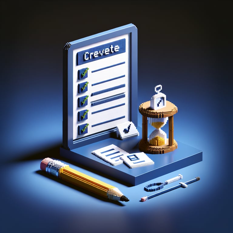 3D voxel art depicting the concept of online survey questions for exams, set against a dark blue background.
