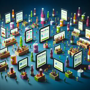 3D voxel art depicting the concept of online beverage surveys on a dark blue background.