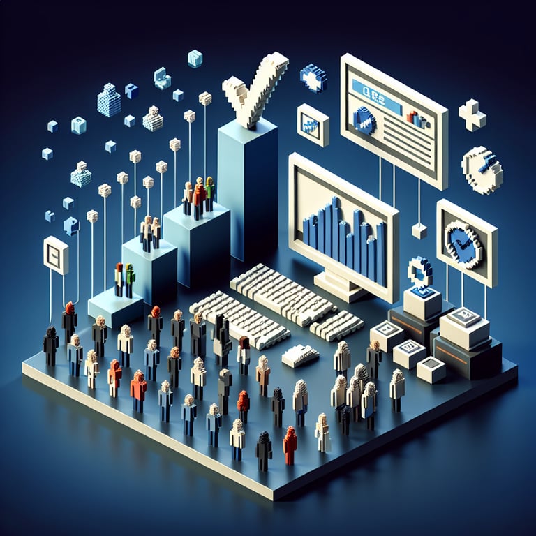 3D voxel art illustrating the concept of online interval survey questions on a dark blue background.