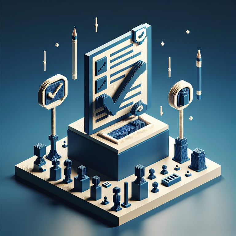 3D voxel art illustrating the concept of a 17-question 'riosord score' survey on a dark blue background.