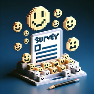 3D voxel art depicting online customer satisfaction surveys on a dark blue background.