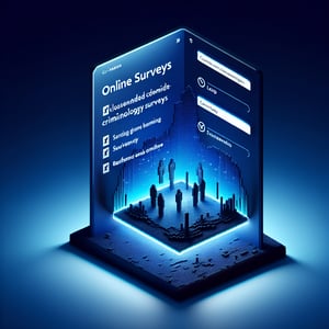 3D voxel art depicting online criminology surveys with dark blue background.
