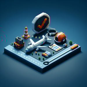 3D voxel art depicting online aviation safety surveys on a dark blue background.