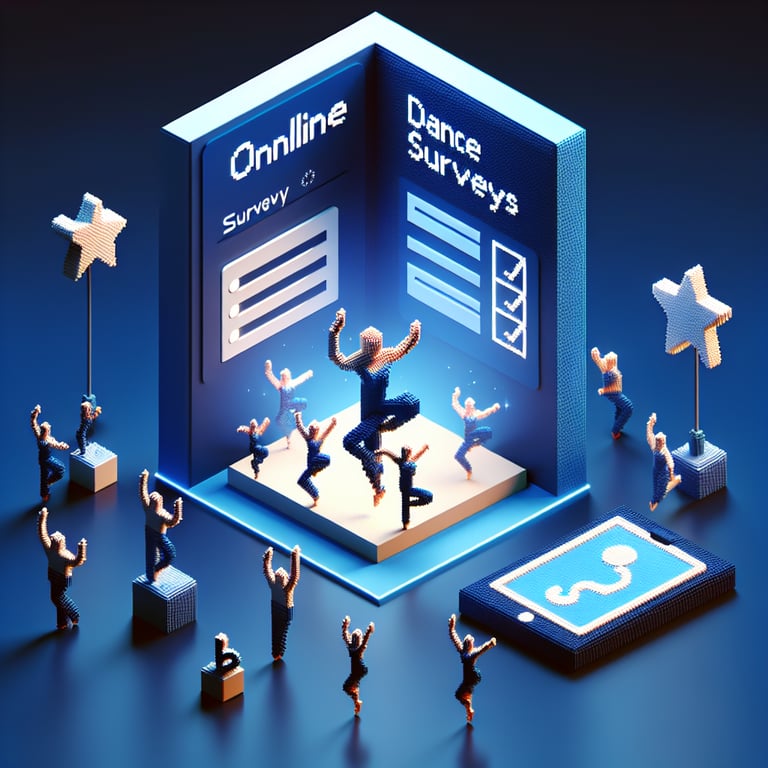 3D voxel art depicting online dance survey concept against a dark blue background.