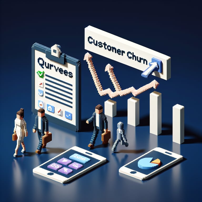 Artistic 3D voxel art illustrating customer exit feedback loops