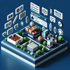 3D voxel art depicting online surveys about new food products on a dark blue background.