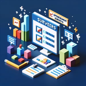 3D voxel art depicting online surveys, symbolizing open enrollment survey questions on a dark blue background.