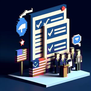 3D voxel art depicting online political participation surveys on a dark blue background.