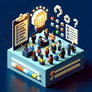 3D voxel art depicting online surveys, symbolizing company culture survey questions on a dark blue background.