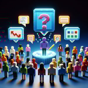 3D voxel art illustrating online customer loyalty surveys on a dark blue background.