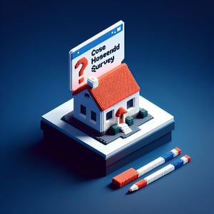 3D voxel art depicting the concept of online surveys, featuring close-ended questions for household surveys on a dark blue background.
