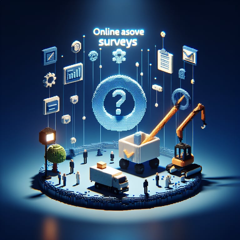 3D voxel art depicting online surveys, symbolizing project closure survey questions on a dark blue background.