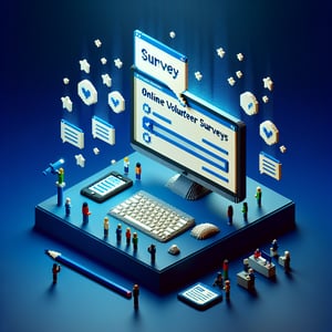 3D voxel art depicting online volunteer survey process on a dark blue background.