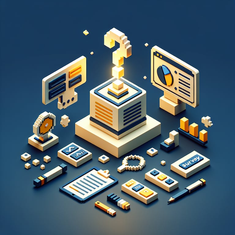 Creative 3D voxel illustrating feedback-driven tool survey design