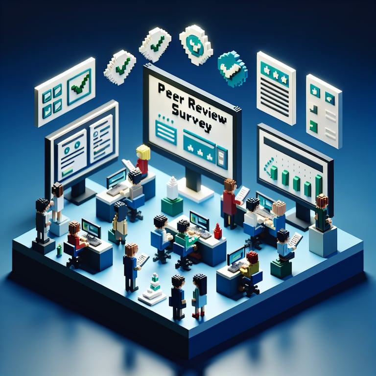 3D voxel art depicting online surveys, symbolizing peer review survey questions on a dark blue background.