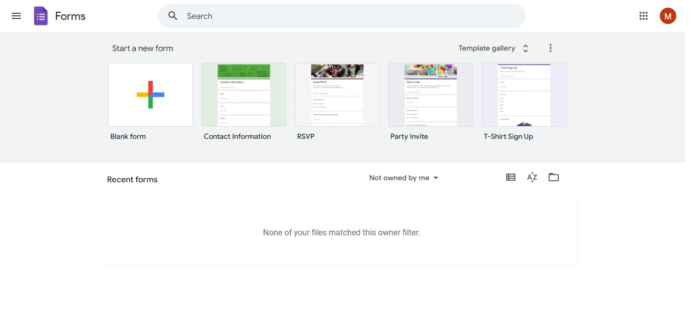 First screen in Google forms showing add form option