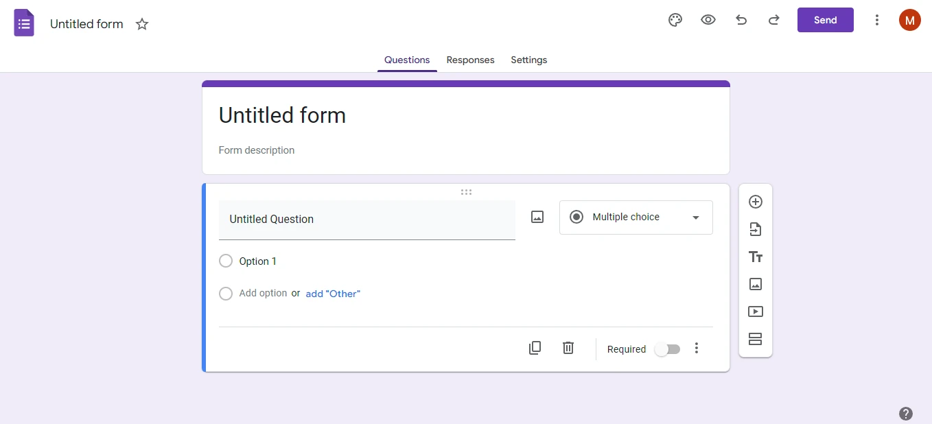 Second screen in Google forms showing main interface