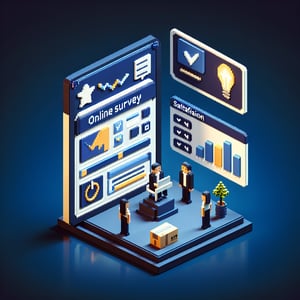 3D voxel art depicting online surveys, questions, and client satisfaction on a dark blue background.