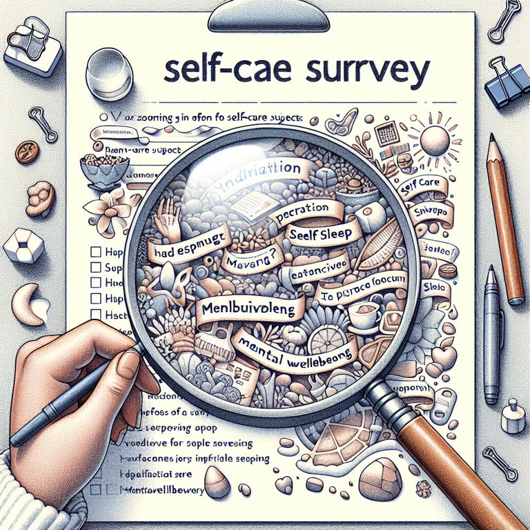 Illustration zooming in on relevant topics for Self Care survey questions.