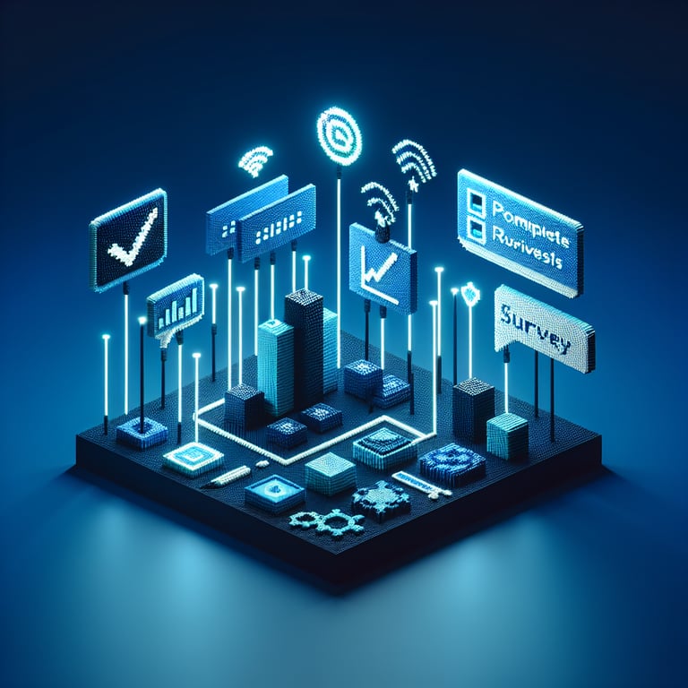 3D voxel art illustrating online surveys against a dark blue background.