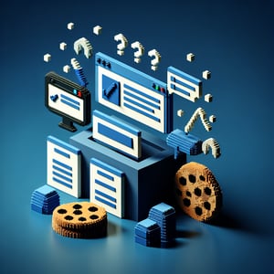 3D voxel art depicting online cookie surveys with a dark blue background.