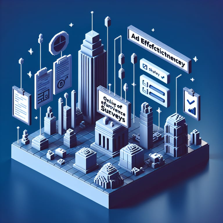 3D voxel art depicting online surveys, ideal for ad effectiveness survey landing page, with a dark blue background.