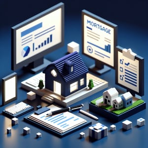 3D voxel art depicting online mortgage customer service survey process on a dark blue background.