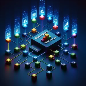 3D voxel art depicting the concept of online project evaluation surveys on a dark blue background.