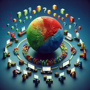 3D voxel art depicting online customer experience survey process on a dark blue background.