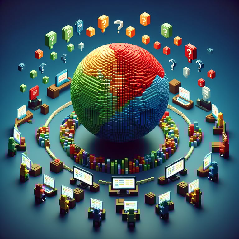 3D voxel art depicting online customer experience survey process on a dark blue background.