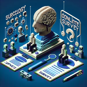 3D voxel art depicting online psychology surveys against a dark blue background.